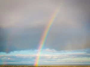Double rainbow over water and grass