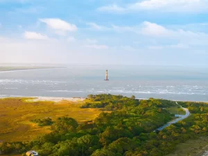 arial view of lighthouse surrounded by water and greenery