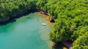 Small white boat on clear water surrounded by green trees